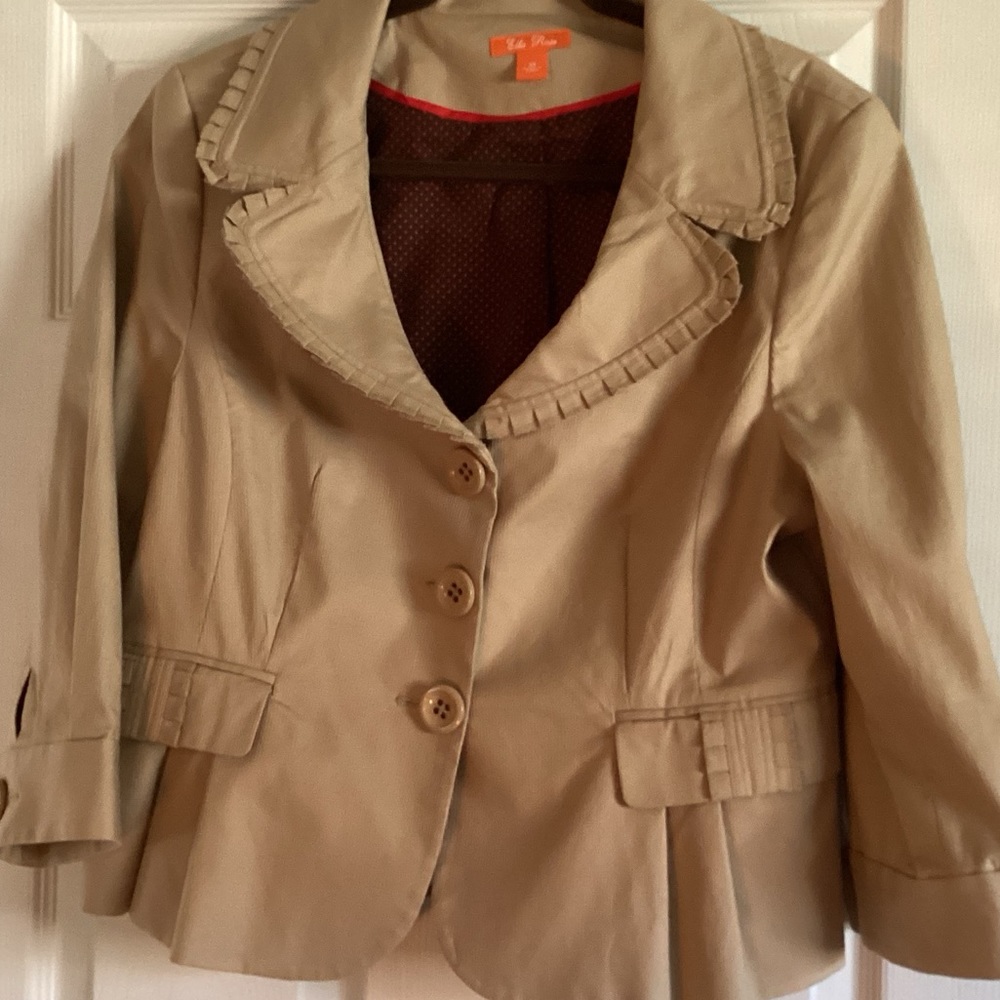 Ella Rose Camel Color Blazer Fun Collar and Pocket Peplum 3/4 Sleeve Size 14